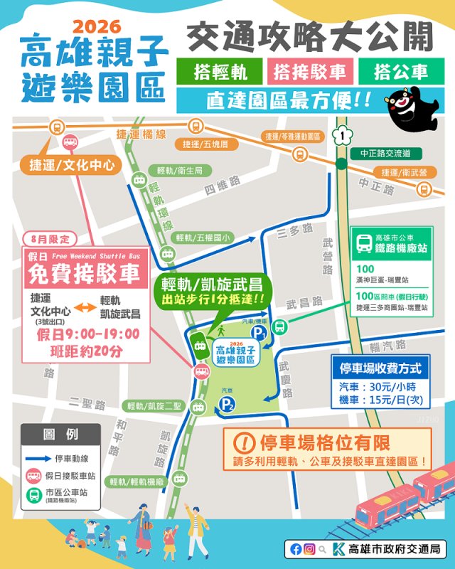 2026/08/01親子放電新景點8/8登場   民眾搭輕軌、公車、接駁車輕鬆玩高雄親子遊樂園區